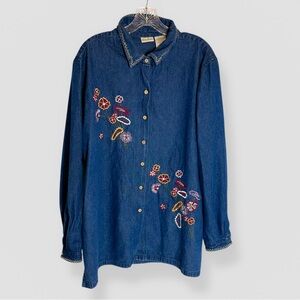 Bobbie Brooks Size XL Denim Button Down Shirt Blue Floral Embroidered Casual